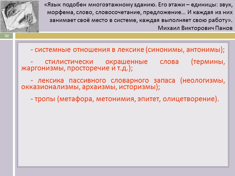 - системные отношения в лексике (синонимы, антонимы); - стилистически окрашенные слова (термины, жаргонизмы, просторечие